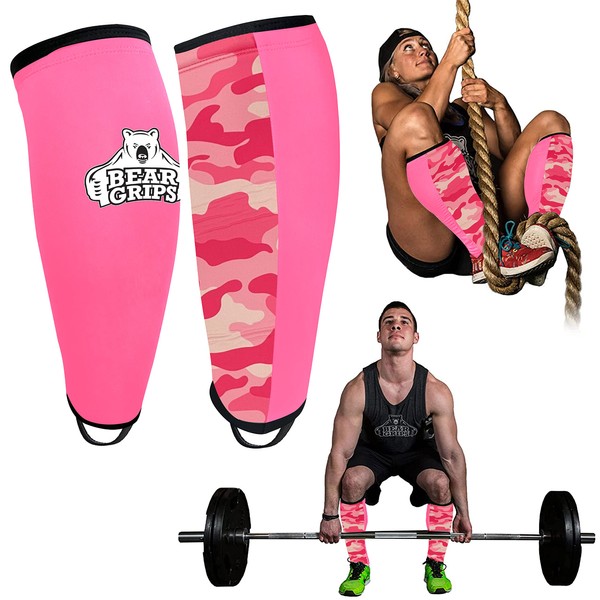 Bear Grips - Calcetines de levantamiento de peso muerto | Espinilleras acolchadas integradas para las piernas | Calcetines de levantamiento de pesas, espinilleras para escalada de cuerda | Paquete de calcetines de levantamiento muerto | Camuflaje rosa, S