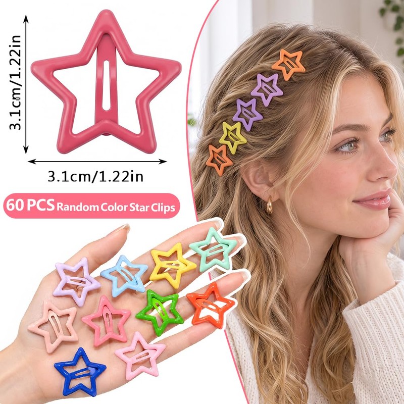 Y2K Star Hair Clips,60 Pcs 1.29 Inch Colorful Snap Barrettes