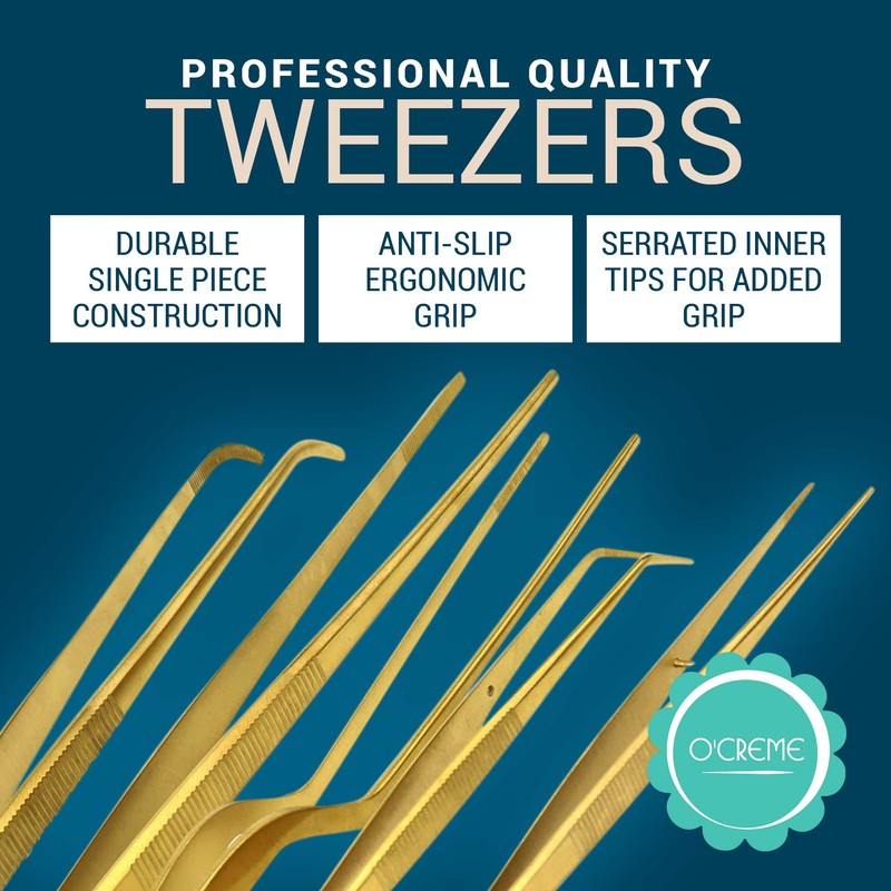 O'Creme Set of Culinary Tweezer Tongs Offset, Straight and Curved,