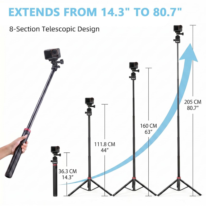 81" Extendable Selfie Stick Tripod for GoPro Mission 1 Pro