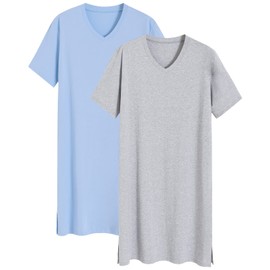 Latuza Men's 2 Pack Nightshirt Cotton Sleep Shirt Nightgown, Light Blue & Light Gray, Large