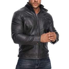 HOOD CREW Men’s Stand Collar Leather Jacket Casual Faux Leather Motorcycle Jacket Outerwear Coat with Zipper Pockets Black XXL