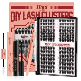 Higu clace Lash Cluster Kit, 168Pcs DIY Lash Extension Kit with Wispy Eyelash Clusters, Lash Bond and Seal, Lash Applicator Tools, Cluster Lashes Remover for DIY lash clusters at Home (WL04 10-16mm)