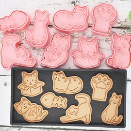 8pcs Cat Cookie Cutters Set, 3D Cute Cat Cookie Stamps, Cupcake Pancake Apple Pie Pastry Biscuit Molds, Fruit, Sandwich Cutter, Cookie Baking Molds for Cat Party Decorations (Cat-1)