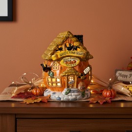 Blue Sky Clayworks Naked Crows Nightly Candle House, Ceramic, 5.75" D x 5.75" W x 7.5" H, Spicy Pumpkin Tavern Glow