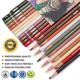 PANDAFLY Professional Colored Charcoal Pencils Drawing Set, Skin Tone Colored Pencil, Pastel Chalk Pencils for Sketching, Shading, Coloring, Layering & Blending, 12 Colors