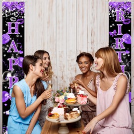 Avezano Purple Happy Birthday Banner Glitter Purple Black Birthday Party Decorations for Girls Women Happy Birthday Porch Signs Door Decorations Supplies