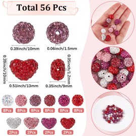 SUNNYCLUE 56pcs Valentine Day Clay Beads Heart Clay Beads Sparkly Shiny Rhinestone Pink Red White Fancy Diamond Round Shaped Spacer Bead For Jewellery Making Pen Beading Women Earring Gifts Supplies