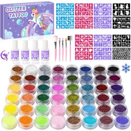 Kit De Tatuajes Temporales Con Brillo Para Niños,48 Colores De Glitter, 178 Plantillas,4 Pegamento, 5 Pinceles, Kit De Glitter Artes Adultos Y Niños, Maravillosos Regalos Fest