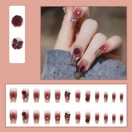 24Pcs Press on Nails Red Butterfly Fake Nails Artificial Glossy 3D Rose False Nails Full Cover Fake Nail Glue on Nail for Women with Flower Design Removable Acrylic Nail Daily Wear DIY Design