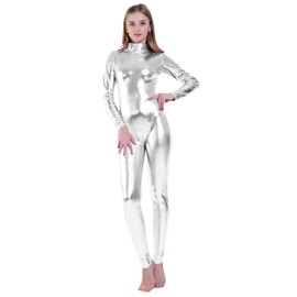 Kepblom Shiny Metallic Unitard Turtleneck Long Sleeve Footless Zentai Suit Catsuit Dancewear