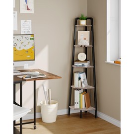 CHOEZON Corner Shelf, 5-Tier Ladder Corner Shelf, Ladder Bookshelf, 59.6" Tall Vertical Display Stand, Metal Frame Bookshelf, for Living Room, Bedroom, Kitchen, Greige and Black TCJ20BG