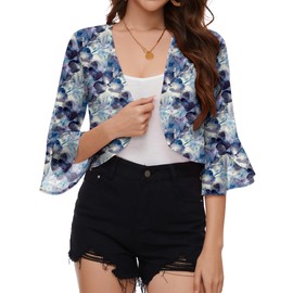 LOMON Women Cardigans Bolero Shrugs Lightweight Summer Open Front Floral Cropped Cardigans for Dresses (Blue Floral,M)