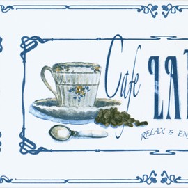 CONCORD WALLCOVERINGS ™ Wallpaper Border Vintage Pattern Cups Coffee Words for Kitchen Cottage Farmhouse, White Blue Brown, 15 ft by 5 in AW77375