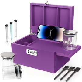 Large Bamboo Box with Combination Lock, Purple Decorative Storage Box with Removable Tray & Detachable Compartment, Wooden Box with Alright Jars & Brushes & Storage Tubes as Great Gift Choice.