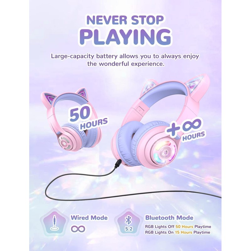 iClever Bluetooth Kids Headphones, BTH13 Cat Ear LED Light Up