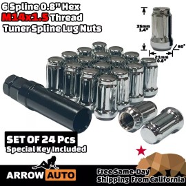 ARROW 24x 1.4" Chrome M14x1.5 Spline Tuner Lug Nuts and Key Fit Ford F150 & Lincoln
