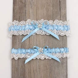 Blue Wedding Garters for Bride, Bridal Garter Set with Rhinestone Satin Bow (Medium)