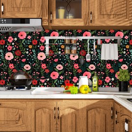 XRUIBZI Black Floral Peel and Stick Wallpaper Vintage Leaf Contact Paper Colorful Flower Wall Mural Home Vinyl Waterproof Self Adhesive Removable Renter Friendly Wall Paper 17.5" x 118"