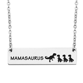 bobauna Mamasaurus and Babysaurus Dinosaur Bar Necklace Sweet Family Jewelry Gift for Mother New Mom (Mama and 3 Babies)