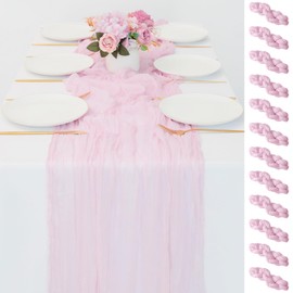 12 Pack Light Pink Cheesecloth Table Runner Bulk 10FT Gauze Cheese Cloth Table Runner Romantic Sheer Table Runner for Wedding Bridal Baby Shower Birthday Party Boho Decoration