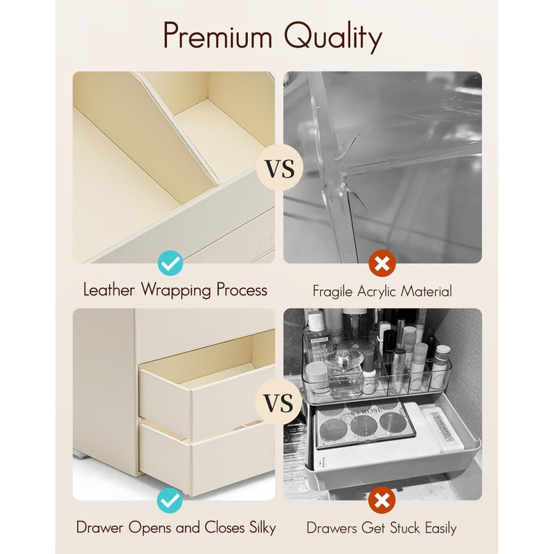 VLANDO 3-Layer Makeup Organizer with 2 Large Drawers for Vanity,Beige