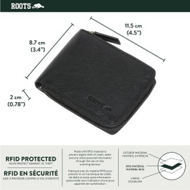 ROOTS Men's Leather RFID Secured 3-Way Zip-Around Bifold Classic Wallet with 5 Card Slots, Gusset Coin and Dual Bill Pocket