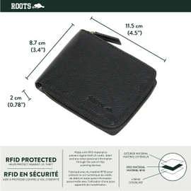 ROOTS Men's Leather RFID Secured 3-Way Zip-Around Bifold Classic Wallet with 5 Card Slots, Gusset Coin and Dual Bill Pocket