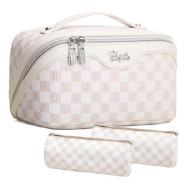 Travel Makeup Bags Cosmetic Organizer Bag: Large Capacity Make up Bag Set of 3 - PU Leather Toiletry Bag for Women - Portable Makeup Organizer with Compartments & Handle & Divider (02 White)