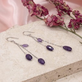 Tuscany Silver Women's Sterling Silver 3 Chain and Amethyst Bead Drop Earrings