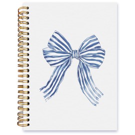 ISANOU Blue Stripe Ribbon Bow Notebook,Trendy Coquette Lined Spiral Notebook Hardcover,College Ruled Notebook,Office School Journal Notebook for Work,5.5x8.3 Inch 80 Pages,Gifts for Women Teen Girl