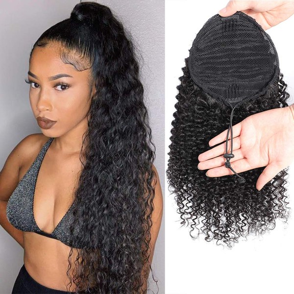 Feelgrace Kinky Curly Ponytail Hair Extensions Ponytail Curly Hair Virgin Brazilian Hair Extension (16 Inch, Kinky Curly)