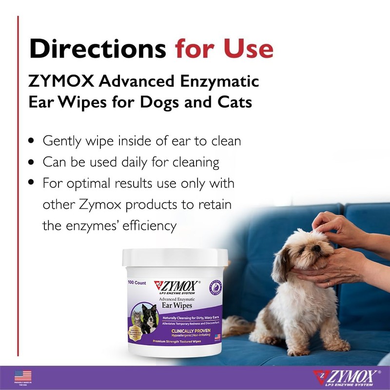Zymox Advanced Enzymatic Ear Wipes for Dogs and Cats -