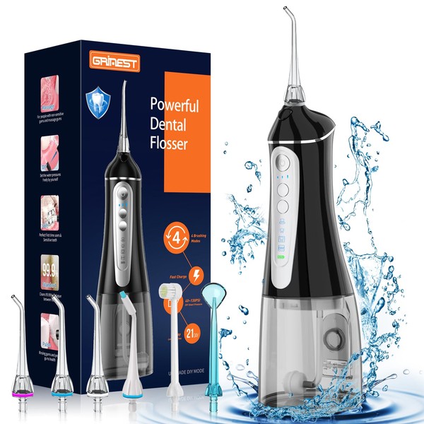 Water Dental flosser for Teeth Cleaning - Rechargeable Cordless Oral Irrigator 4 Modes 6 Tips IPX 7 Waterproof Portable Teeth Cleaner Pick for Home Trave