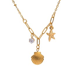 Niaspi Charm Shell Starfish Chain Choker Necklace for Women 18K Gold Plated CZ Bohemian Summer Beach Sea Animal Conch Statement Safety Pin Clavicle Chain Necklaces Vintage Chunky Pendant Jewelry