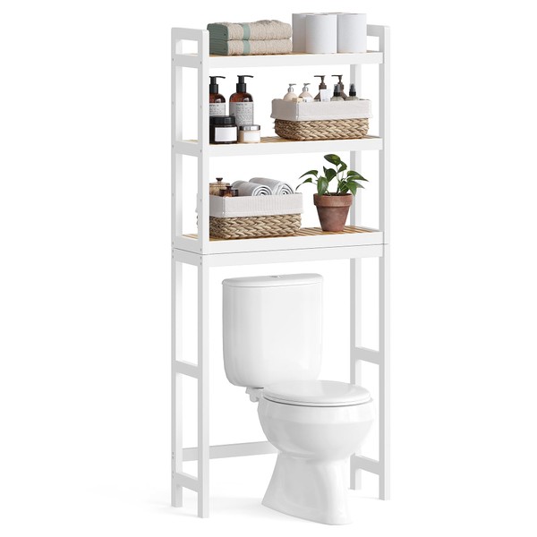 SONGMICS Over The Toilet Storage, 3-Tier Bamboo Over Toilet Bathroom Organizer with Adjustable Shelf, Fit Most Toilets, Space-Saving, Easy Assembly, Simply White and Natural Beige UBTS001W02