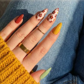 24 Pcs Press on Nails Almond Short Fake Nails Multiple Color Glossy Full Cover with Floral Designs Glue on Nails Reusable Acrylic Nails Removable Stick on Nails for Women Girls