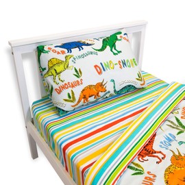 Happy Linen Company Girls Boys Kids Dinosaur Park Jurassic T-Rex Dino Stripes Single Fitted Sheet