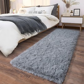 Ailyei Soft Runner Rugs for Bedroom Hallways, 2x6 Grey Fluffy Shag Throw Area Rug Non Slip for Bedside Dorm, Long Shaggy Furry Carpet for Nursery Living Room