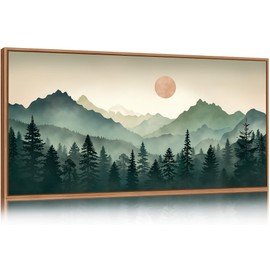 SIKERIC Sage Green Boho Mountain Wall Art, Large Modern Sunrise Framed Canvas Art Prints Set of 3, Nature Landscape Wall Decor, Watercolor Misty Forest Wall Paintings for Living Room, Bedroom- 40X20in