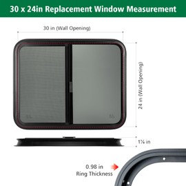 Dulepax Horizontal RV Window, 30" W x 24" H Tinted Slide Trailer Window, Tempered Glass Camper Window Replacement with Net Screen and Trim Ring, DOT Approved