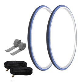 PRO+ Pair of Bike Bicycle TIRE 700 X 25 Black/Blue SIDEWALL (2) Tires W/Tubes 33MM Schrader Valve, Rim Strips P-1035