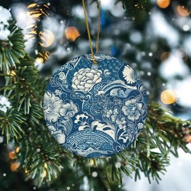 Christmas Ornaments 2024 Blue and White Porcelain Floral Porcelain Pendant Grid' Medieval' Floral Damask Christmas Bauble Present Collectible Gift for Xmas Tree Decoration Ceramic Circle 3" White