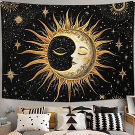 Quorin Sun and Moon Tapestry Bohemian Aesthetic Tapestries Black and Golden Boho Hanging Wall Art Decor Home Decoration for Bedroom Living Room Dorm 40"x60"