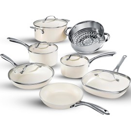 Gotham Steel 12 Pc Ceramic Cookware Set Nonstick, Ceramic Pots and Pans Set Non Stick with Steamer for Cooking, Non Toxic PFOA PFOS Free, Premium Stay Cool Handles, Oven & Dishwasher Safe