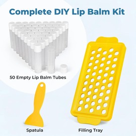 LotFancy- 【LO QUE OBTIENE】1 bandeja, 1 espátula y 50 tubos de bálsamo labial vacíos transparentes con tapas blancas a presión; Cada tubo es de 5,5 ml (3/16 oz), el tamaño perfecto para bálsamo labial