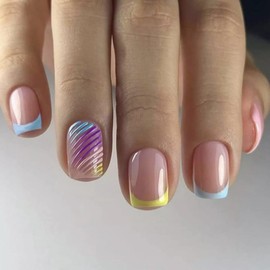 MERVF Square Press on Nails Short Fake Nail Blue French Tip Glue ons Colorful Lines Design Acrylic Squoval Nail Supplies Art DIY for Women 24pcs Glossy