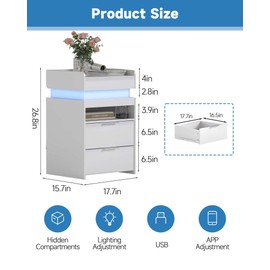 Baoz Nightstand with Gun Drawer, Charging Night Stand with USB and AC Ports, LED Nightstand, Nightstands with Gun Drawer, Smart Night Stand with Sliding Top Storage,White