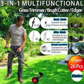 Electric Weed Wacker Battery Powered Weed Cordless Eater Battery Operated, 21V/2000mAh Portable Grass Trimmer/Lawn Edger/Mower/Brush Cutter with 2 Pcs Li-Ion Batteryies(5 Types, 26Pcs Blades)