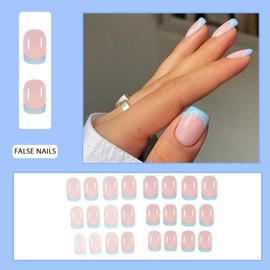 Press on Nails Short Square - Blue French Tip False Nails Short Coffin - Natural Blue Pink Fake Nails Set Classic Soft Gel Stick on Nail for Women Daily